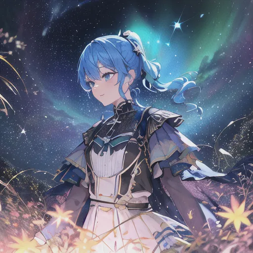 This is an image of a young girl with blue hair and blue eyes. She is wearing a white dress with a blue sash and a blue cape. She is standing in a field of flowers, and there are stars in the sky. The girl is smiling and has her eyes closed. She is holding a staff in her right hand.