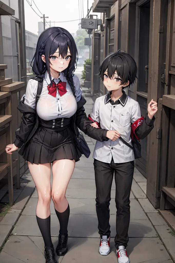 The image shows a young woman and a young boy walking down a street in Japan. The woman is wearing a black blazer, a white blouse, a red bow tie, and a black skirt. She has long black hair and blue eyes. The boy is wearing a white shirt, black pants, and red sneakers. He has short black hair and brown eyes. The woman is smiling and holding the boy's hand. The boy looks up at the woman with a shy expression. The background of the image is a traditional Japanese street with wooden houses and a stone wall.