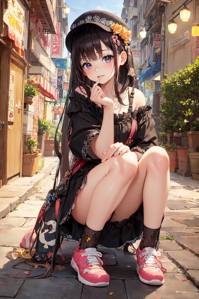 The image is of a young woman sitting on the ground in an alleyway. She is wearing a black dress with a white collar and a black hat. She has long black hair and purple eyes. She is looking at the viewer with a shy expression. There are some plants and flowers in the background.