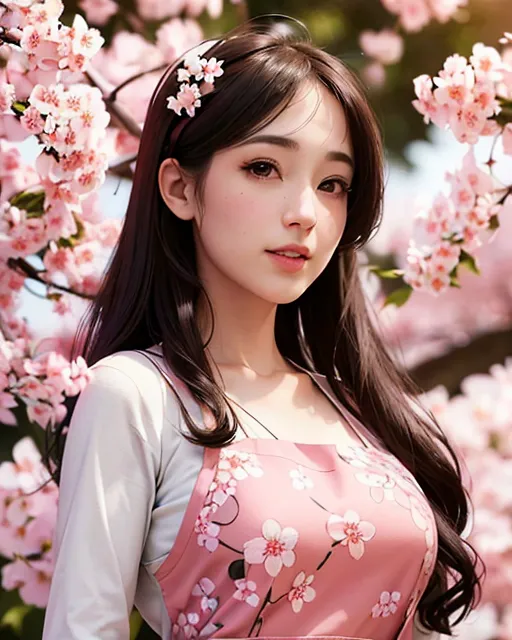 The image shows a young woman with long, dark brown hair. She is wearing a pink dress with a white apron. The dress has a floral pattern of white and pink flowers. The woman is standing in a garden of cherry blossoms. The cherry blossoms are pink and white. The woman has a gentle smile on her face. She is looking at the camera. The image is taken from a slightly elevated angle. The background is blurred.