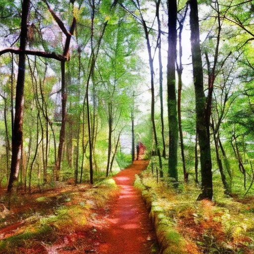 The image is a photo of a forest path. The path is made of red soil and is surrounded by tall trees. The trees are green and lush, and the leaves are full. The sun is shining through the trees, creating a dappled pattern on the ground. There is a large rock outcropping to the right of the path.