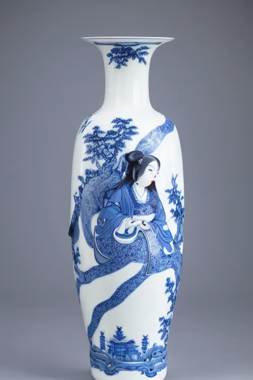 The image is of a porcelain vase with a blue and white design. The vase has a slender body and a flared rim. The neck of the vase is decorated with a band of geometric patterns. The body of the vase is decorated with a scene of a woman and a pine tree. The woman is standing in front of the tree, holding a book. The tree is depicted with blue and green leaves. The vase is also decorated with bands of floral patterns at the top and bottom.