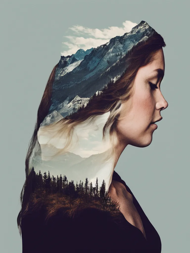 The image is a photorealistic portrait of a young woman with long brown hair flowing in the wind. The image is a composite of two photos: one of a woman and one of a mountain landscape. The woman's face is serene, with her eyes closed and her lips slightly parted. The mountain landscape is of a range of snow-capped mountains with a forest of pine trees below. The two images are blended together so that the woman's hair appears to be flowing over the mountains. The image is a beautiful and creative example of photo manipulation.