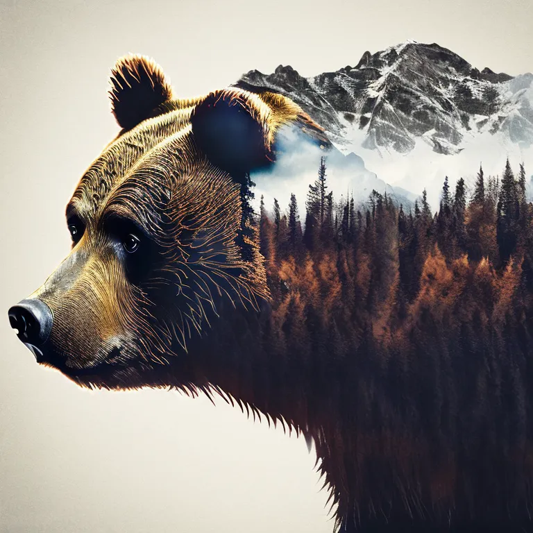 The image is a creative and detailed illustration of a bear's head. The bear's face is in profile, and its fur is a light brown color. The background of the image is a forest, with mountains in the distance. The forest is made up of a variety of trees, including pines, firs, and spruces. The mountains are covered in snow. The image is a beautiful and realistic depiction of a bear in its natural habitat.