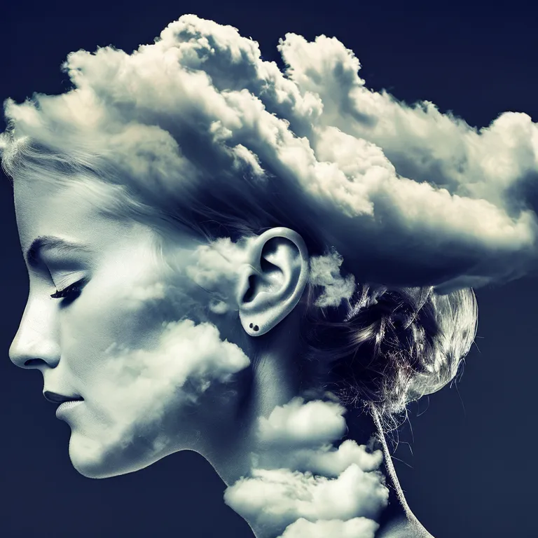 The image is a surreal photorealistic portrait of a young woman. The woman's face is serene, with her eyes closed and her lips slightly parted. The woman's hair is long and flowing, and it seems to blend into the clouds that surround her head. The clouds are soft and fluffy, and they appear to be backlit by a bright light. The image is set against a dark blue background, which makes the woman's face and the clouds stand out. The overall effect of the image is one of peace and tranquility.