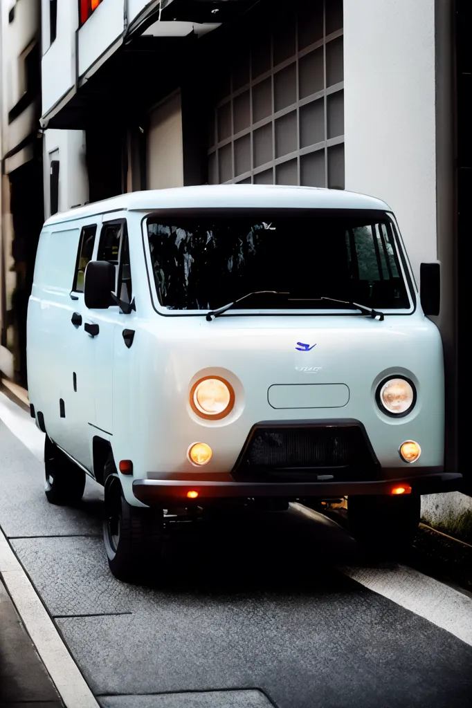 L'image montre une camionnette blanche avec un logo bleu à l'avant. La camionnette est garée dans une rue étroite avec des bâtiments des deux côtés. Les bâtiments sont en brique et ont beaucoup de fenêtres. La rue est pavée de pavés et est mouillée par la pluie. Il y a un arbre sur le côté gauche de l'image et quelques plantes sur le côté droit. L'image est prise d'un angle bas, ce qui rend la camionnette plus grande et plus imposante. La camionnette est également très propre et brillante, ce qui suggère qu'elle est neuve. L'image est une nature morte, ce qui signifie qu'il n'y a pas de mouvement dans l'image. La seule chose qui bouge est la pluie, qui tombe du ciel. L'image est très paisible et relaxante.