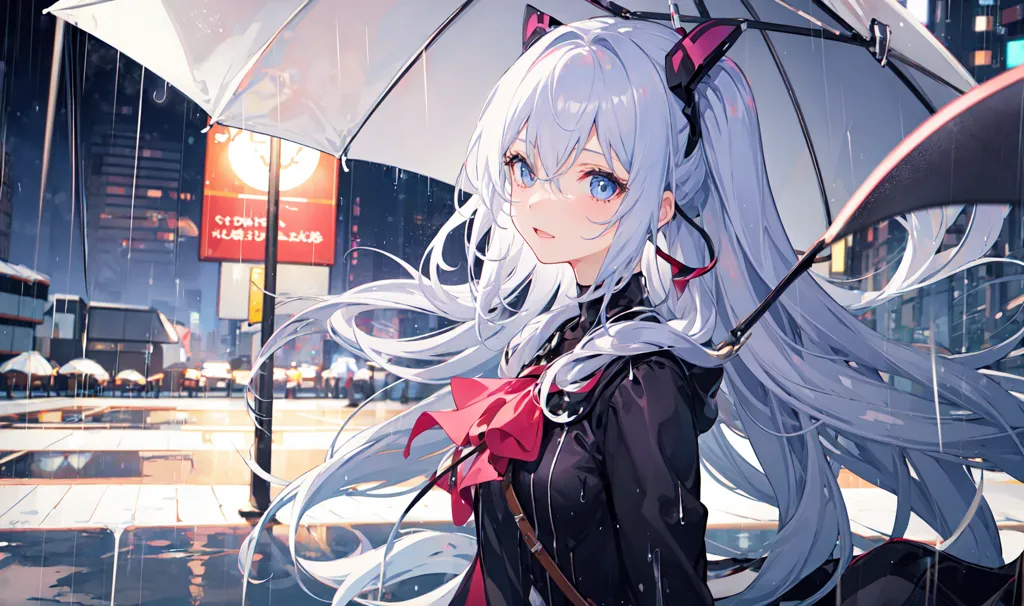 The picture shows a young woman with long white hair and blue eyes. She is wearing a black dress with a red ribbon and a black umbrella. She is standing in a rainy city street. There are buildings, cars, and people in the background. The picture is drawn in a realistic style and the colors are vibrant.