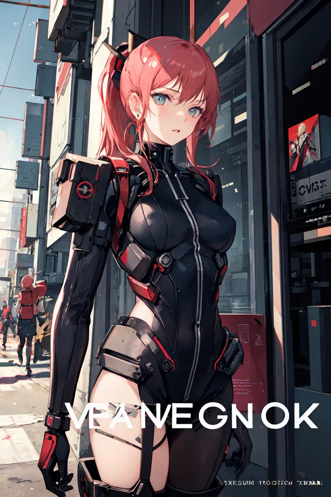 The image is a digital painting of a young woman standing in a futuristic city. She is wearing a black and red bodysuit with a high collar and a ponytail. She has a gun in her right hand. The background is a blurred cityscape with people walking around.