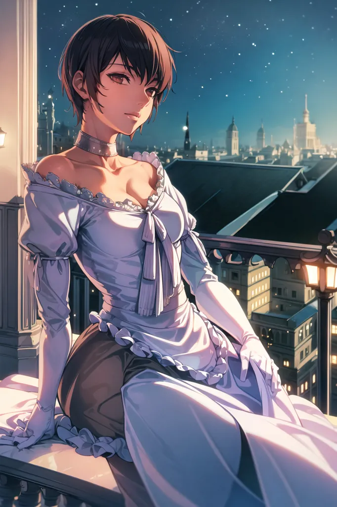 The picture shows a young woman with brown hair and brown eyes. She is wearing a white dress with a sweetheart neckline and a white apron. She is sitting on a balcony, with one hand resting on the railing and the other in her lap. In the background, there is a cityscape with many tall buildings. The sky is dark and there are stars in the sky.