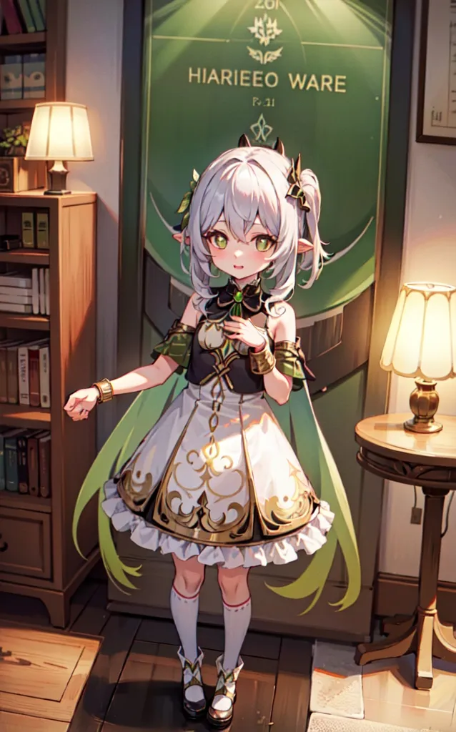 The image is of a small girl with long green hair and yellow eyes. She is wearing a white dress with a green sash and a green and gold headdress. She is standing in a room with a wooden floor and a green door. There is a bookshelf to her left and a table with a lamp on it to her right. The girl is smiling and has her hands clasped in front of her.