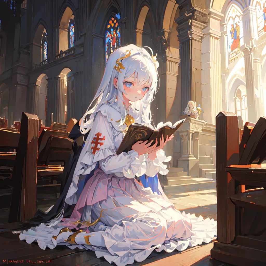 The image depicts a young woman with long white hair and blue eyes kneeling on the floor of a church. She is wearing a white and pink dress with a red cross on the front. The woman is reading a book and there is a small statue of an angel behind her. The church is decorated with stained glass windows and there are benches on either side of the woman.