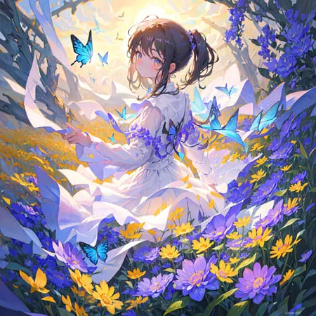 L'image est un magnifique dessin de style anime d'une jeune fille debout dans un champ de fleurs. La jeune fille porte une robe blanche et a de longs cheveux bruns. Elle est entourée de fleurs bleues et jaunes et de papillons. L'arrière-plan est d'une couleur bleu clair et doux. L'image a une atmosphère très onirique et éthérée.