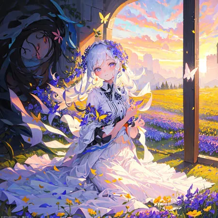 The image is a painting of a girl in a white dress sitting in a field of flowers. The girl has long white hair and purple eyes. She is wearing a white dress with a blue sash. The dress is decorated with flowers. The girl is sitting on a rock. There are flowers all around her. There is a large tree behind her. The sky is blue with a hint of yellow. The painting is done in a realistic style. The colors are vibrant and the details are sharp.