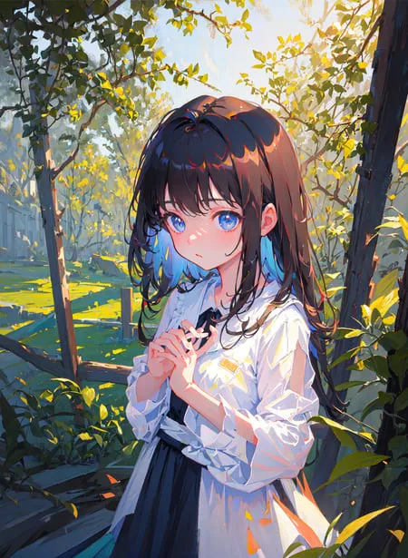 The image is a painting of a young girl with long brown hair and blue eyes. She is wearing a white shirt and a black skirt. The girl is standing in a forest, and there are trees all around her. The sun is shining through the trees, and it is creating a dappled pattern on the ground. The girl is looking at the viewer with a shy expression on her face.