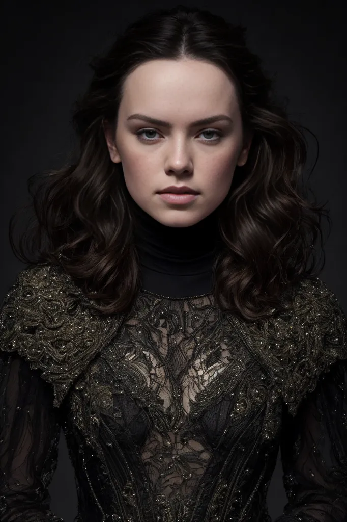 A young woman with long, dark hair is wearing a black lace dress with gold embroidery. She has a serious expression on her face and is looking directly at the camera. Her hair is pulled back in a loose bun and she is wearing a dark necklace. The background is dark gray.