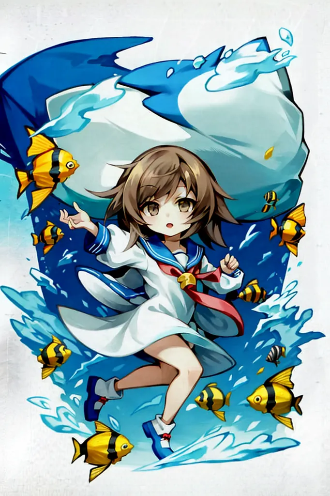 This image is an illustration of a young girl in a white and blue sailor dress. She has brown hair and yellow eyes, and she is smiling. She is standing on a wave of water, and there are several fish swimming around her. In the background, there is a large blue whale. The girl is wearing a red scarf and there is a yellow fish swimming near her head.