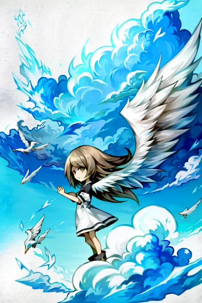 This image shows a girl with long brown hair and blue eyes. She is wearing a white dress and has a pair of white wings. She is standing on a cloud in the sky and is surrounded by a flock of white doves. The background is a light blue color, with a few clouds in the distance. The girl is smiling and has her arms outstretched to the side. She has a peaceful expression on her face. The image is drawn in an anime style.