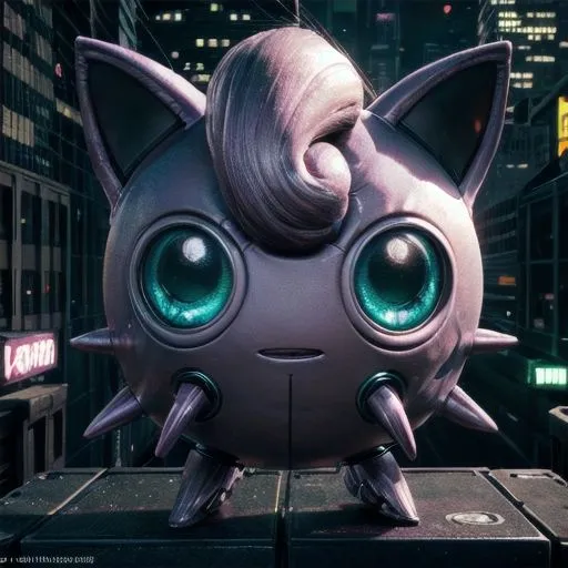 The image shows a realistic rendering of a  character from the Pokemon franchise. It is a small, round creature with pink fur, blue eyes, and a spiky mane. It is standing on a rooftop in a city, with a cityscape in the background. The creature is looking at the viewer with a curious expression.