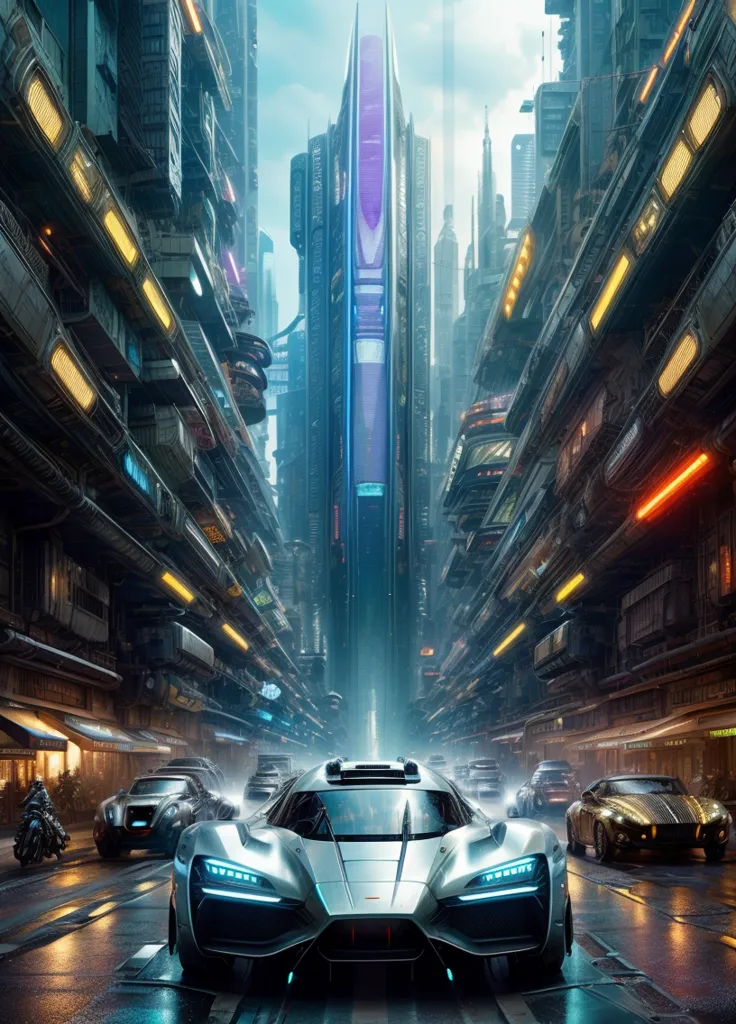 A silver sports car speeds down a city street, flanked by tall buildings and other vehicles. The street is wet from rain, and the lights of the city are reflected in the puddles. The car is sleek and futuristic, and it looks like it is going very fast.