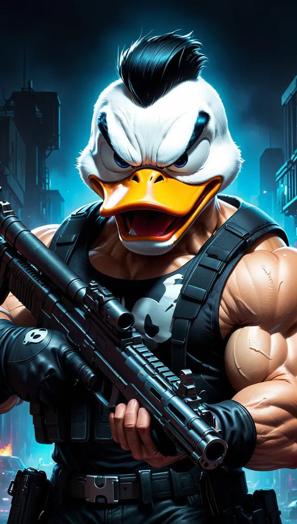 This is an image of a duck with a muscular human body. The duck is wearing a black vest and has a gun in its hand. It is standing in a dark place with a city in the background. The duck has a serious expression on its face.