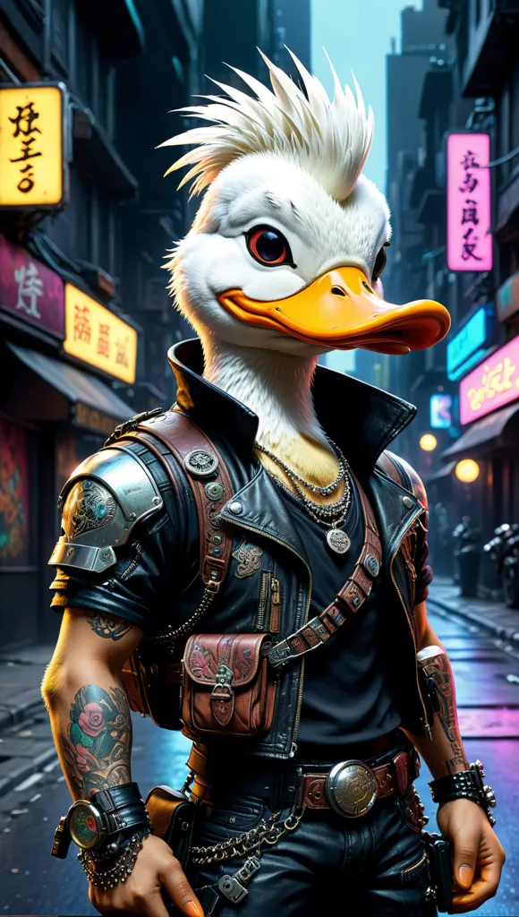 This image shows a duck wearing a black leather jacket and other clothing items. The duck has a white mohawk and a yellow beak. It is standing in a dark alleyway with a city street in the background. The duck is looking at the viewer with a serious expression.