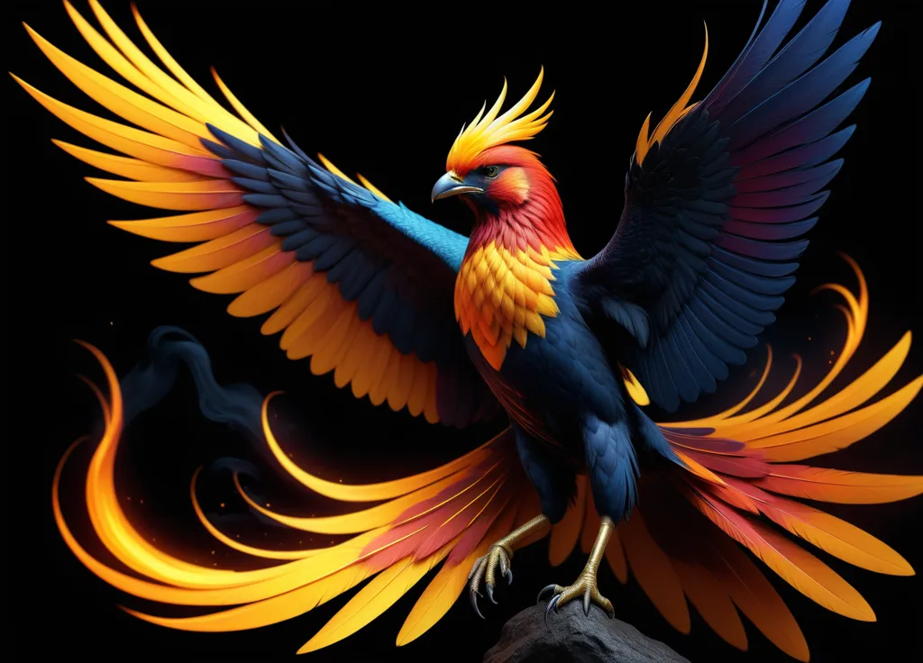 The image shows a majestic phoenix rising from the ashes. The mythical bird is surrounded by swirling flames and has its wings outstretched. Its feathers are a vibrant mix of red, yellow, blue, and green. The phoenix's eyes are bright and piercing, and its beak is open in a triumphant cry. The background is a dark, starry night sky.