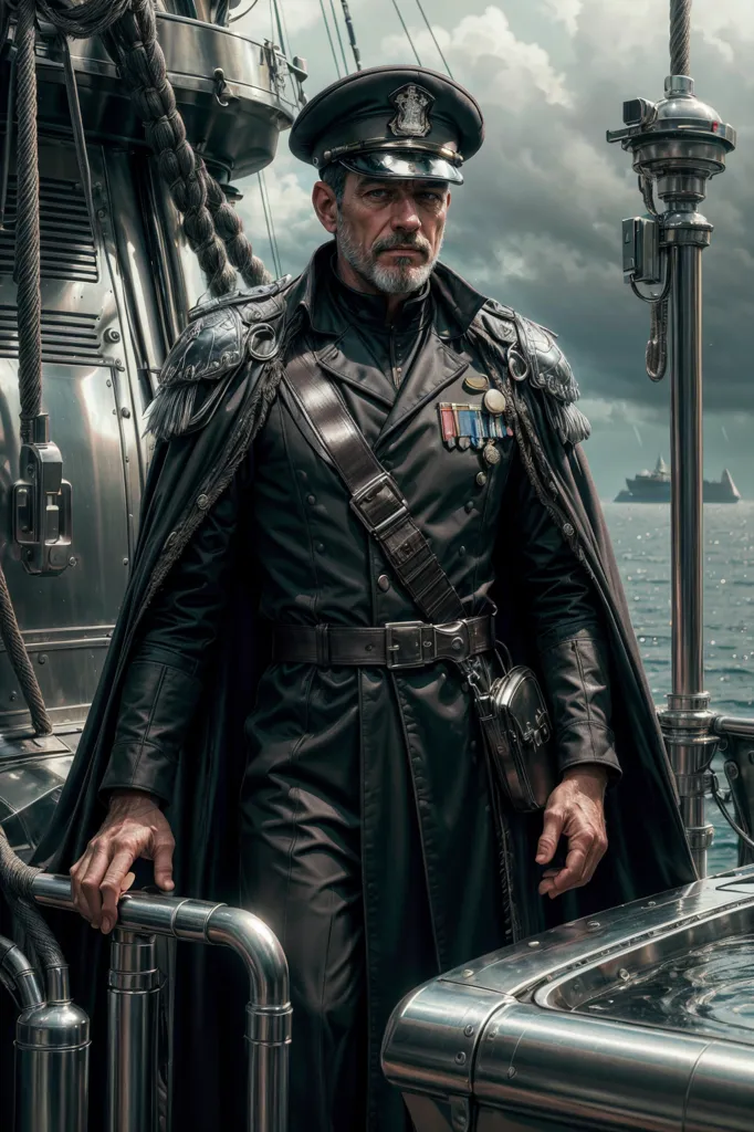 A man in a black uniform, black cape, and black hat is standing on the deck of a ship. He has a beard and a stern expression on his face. He is looking out at the sea. There are dark clouds in the background. The ship is made of metal and has a large engine on the back.