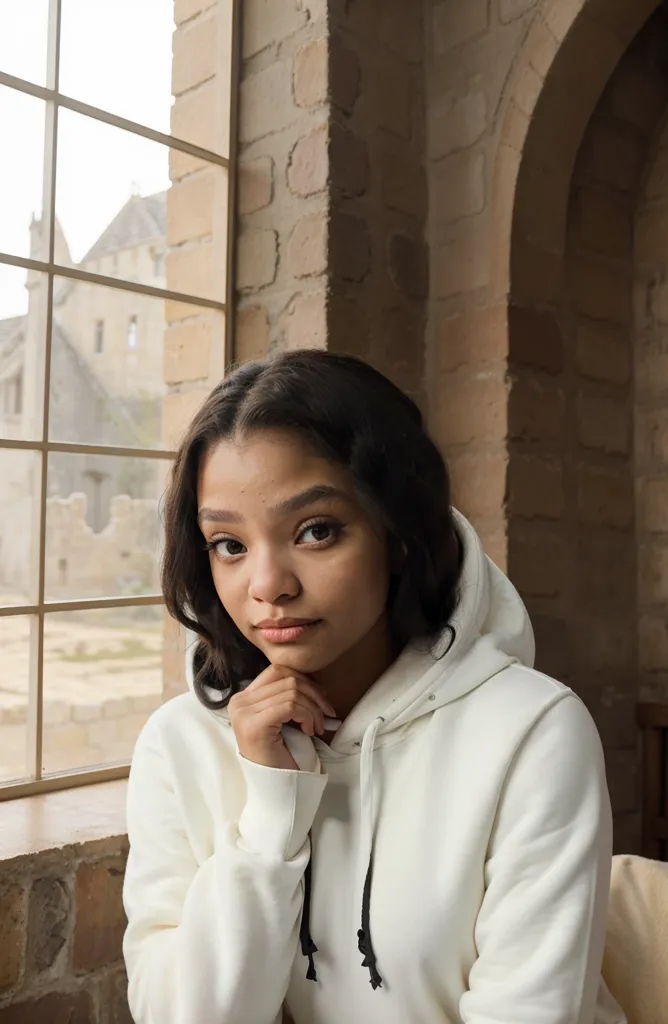 The photo shows a young woman, probably a teenager, with long dark hair and light brown skin. She is wearing a white hoodie and looking at the camera with a thoughtful expression. The background is a stone wall with a large window.