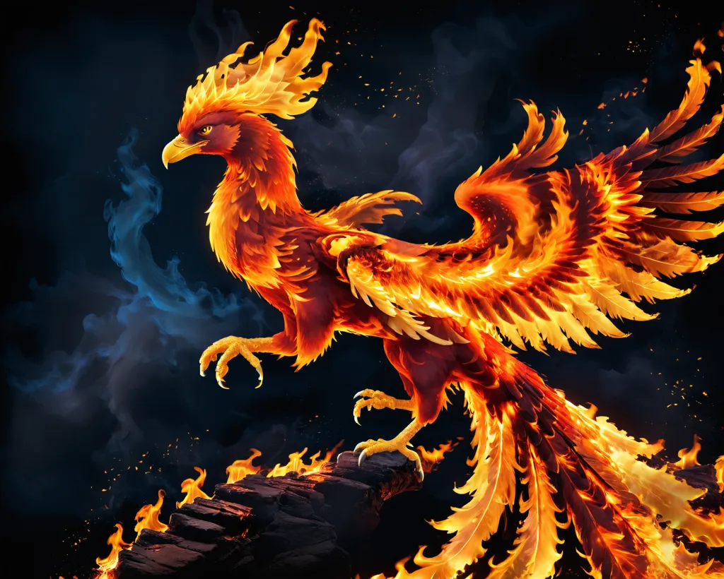 The phoenix is a mythical bird that is said to be a symbol of hope and renewal. It is often depicted as a large, brightly colored bird with a long tail. In this image, the phoenix is shown as a fiery creature with red and yellow feathers. It is standing on a rock, and there are flames all around it. The background is dark and smoky. The phoenix is looking up, and its eyes are filled with hope.