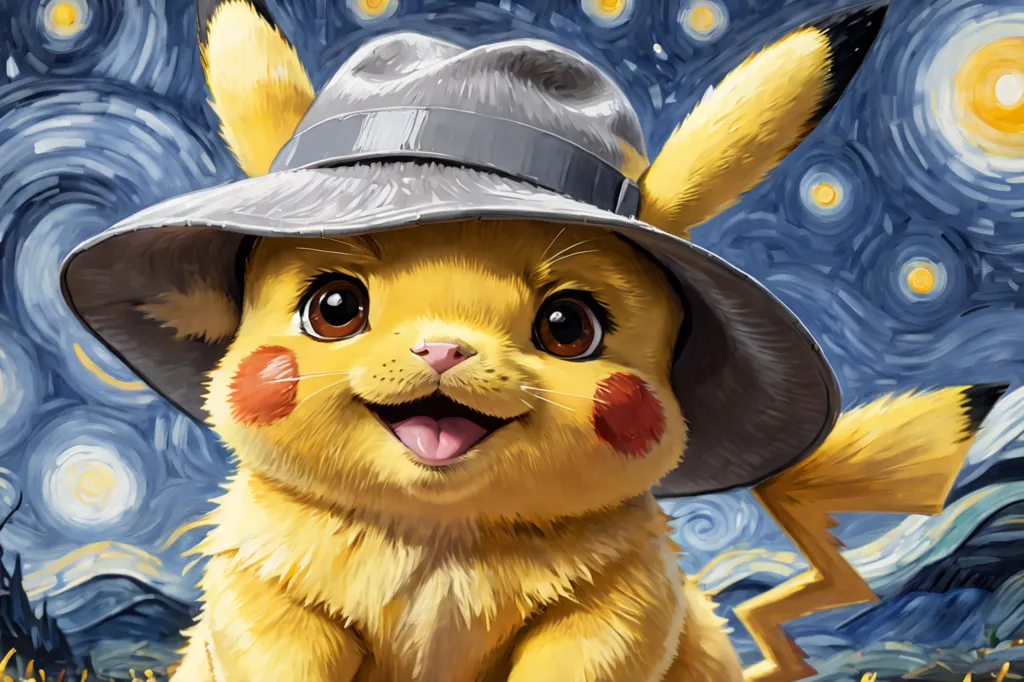 This image shows Pikachu, a character from the Pokémon franchise. It is a yellow, mouse-like creature with a red circle on each cheek. It is wearing a gray hat. The background of the image is a starry night sky, with blue and yellow swirls. The image is done in the style of Vincent van Gogh's Starry Night