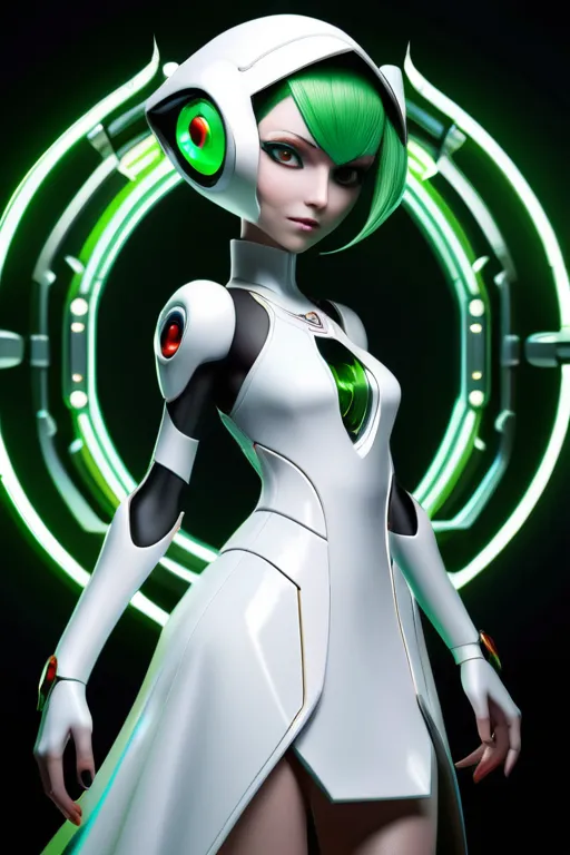 The image is of a young woman with green hair and eyes. She is wearing a white bodysuit with green accents and a green visor. She is standing in front of a green and black background with a circle of green lights behind her. The woman has a serious expression on her face. She is a video game character named N, from the Pokemon franchise.