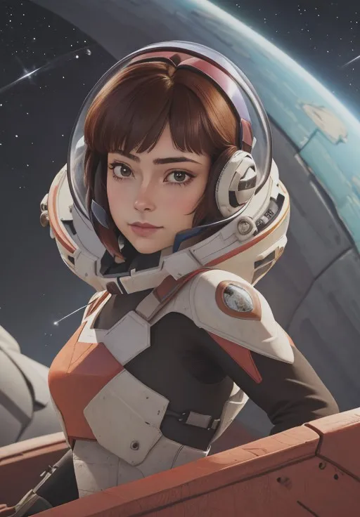 This is an image of a young girl in a spacesuit with her helmet on. She is standing in front of a spaceship, with a planet and stars in the background. The girl has brown hair and brown eyes. She is wearing a white spacesuit with orange and gray accents. The spacesuit has a clear bubble helmet with a black band around it. The girl is looking at the camera with a serious expression.