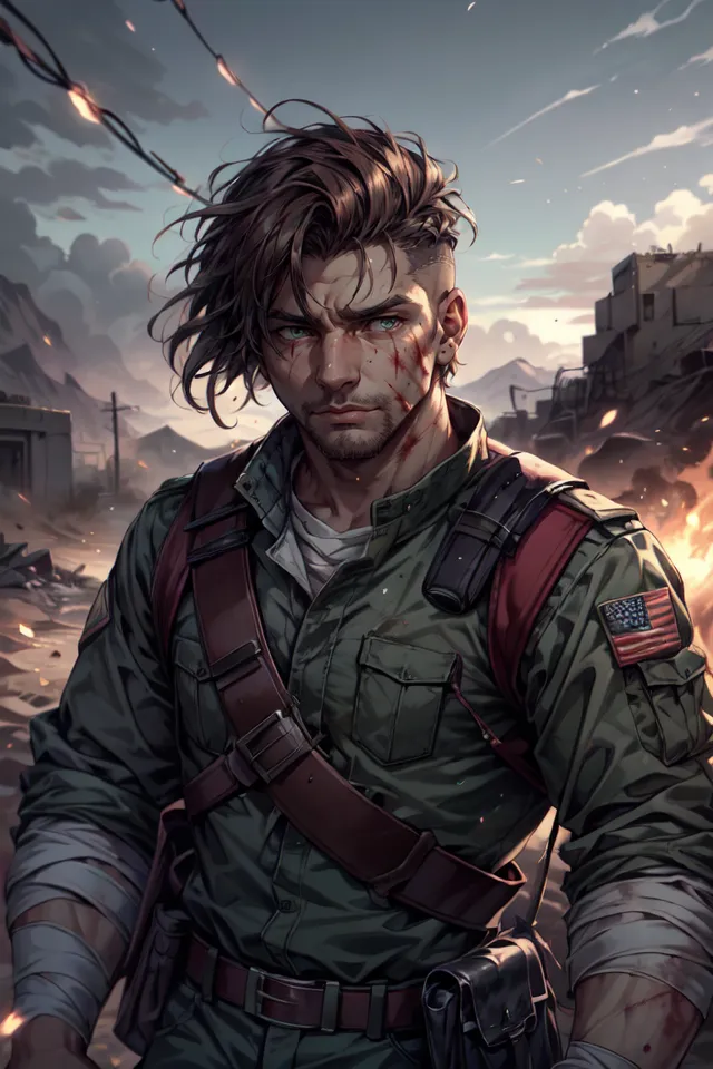 This is a picture of a soldier. He appears to be in a war zone, as there are ruins of buildings in the background and explosions in the distance. He is wearing a military-style uniform and has a gun. He looks tired and has a few scratches on his face, but he is determined.