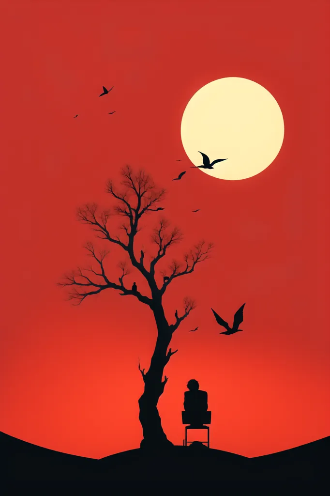 The image is a silhouette of a tree with no leaves in front of a setting sun. The sky is a deep red-orange color. A large white moon is rising in the sky. Birds are flying in the sky. A person is sitting on a chair in front of the tree. The person is looking at the sunset. The image is peaceful and serene.