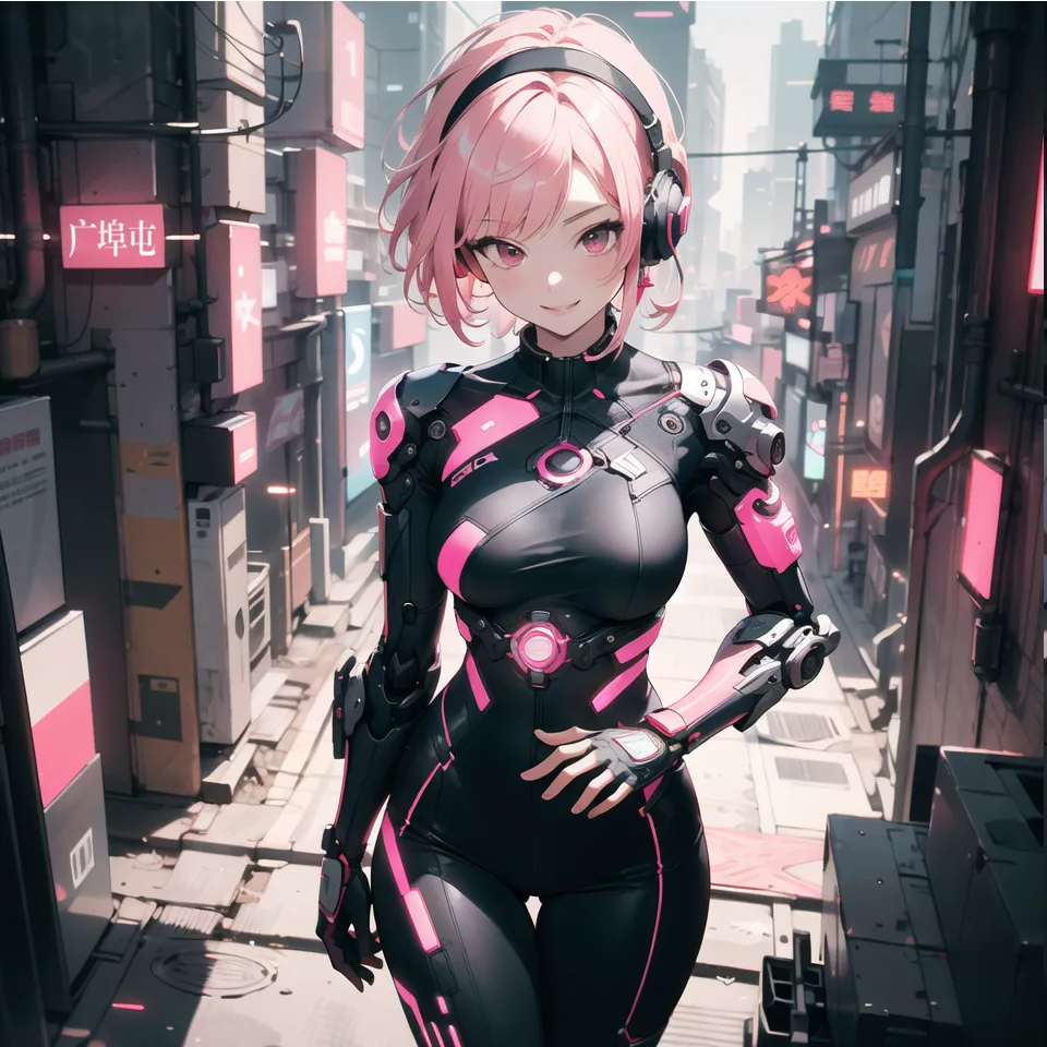 A beautiful anime girl with pink hair and pink highlights. She is wearing a black and pink bodysuit with armor plating and a pair of headphones. She is standing in a futuristic city street with neon lights and skyscrapers.