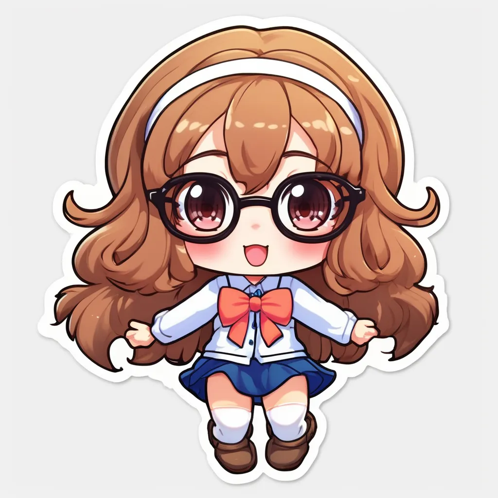 This is an image of an anime girl with brown hair. She is wearing a white shirt, a blue skirt, and a red bow. She is also wearing glasses and has a happy expression on her face.