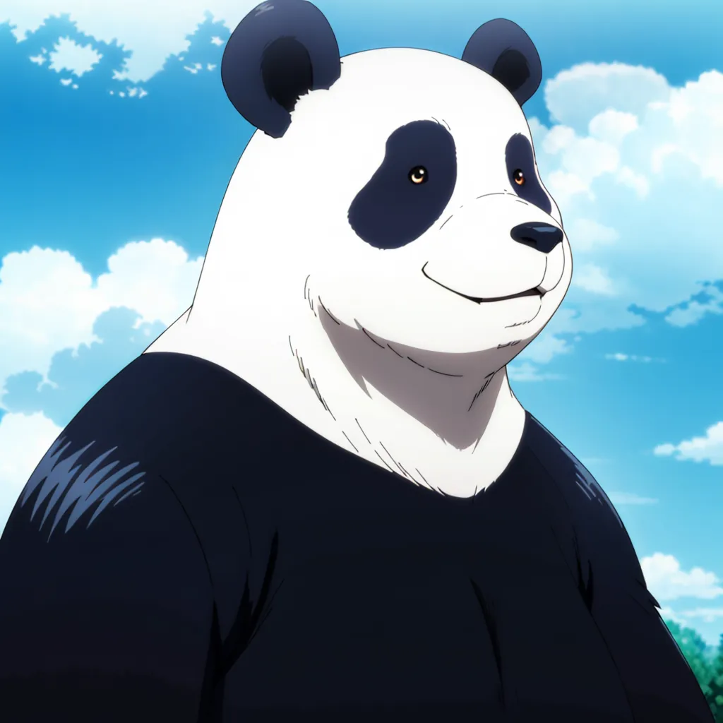 The image is of a panda wearing a black shirt. The panda is standing in front of a blue sky with white clouds. The panda has a friendly expression on its face and is looking at the viewer.