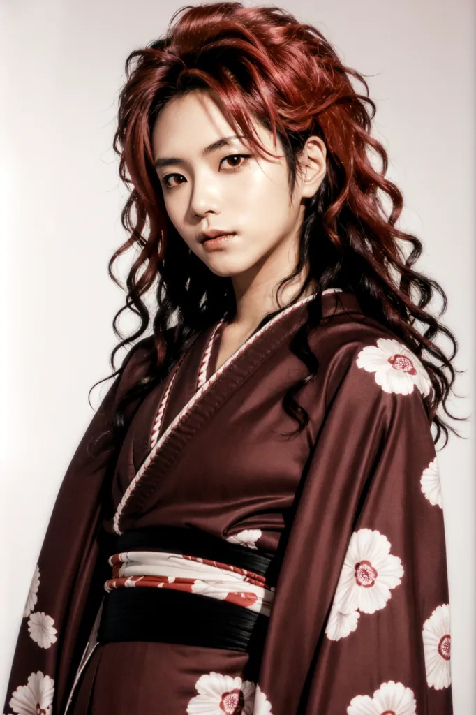 The picture shows a young woman with long red hair and brown eyes. She is wearing a brown kimono with a white and red floral pattern and a red and white obi. Her hair is styled in a hime cut with the bangs swept to the side. She is looking at the camera with a serious expression.