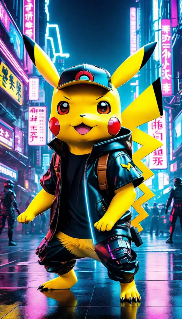 The image shows Pikachu, a character from the Pokémon franchise, wearing a black and yellow jacket and a cap. It is standing in a futuristic city with bright lights and large buildings. The Pikachu is surrounded by other characters, including humans and other Pokémon. It looks like it is ready for battle