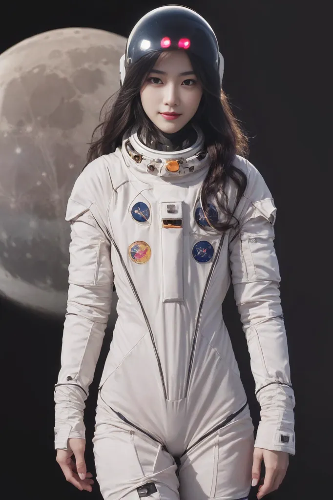 This is an image of a young girl in a spacesuit with the moon in the background. The girl has long dark hair and her face is partially obscured by the helmet. She is wearing a white spacesuit with various patches and logos on the chest. The spacesuit has a red light on the helmet and various other equipment attached to it. The girl is standing with her feet shoulder-width apart and her arms at her sides. She looks like she is ready to go on a spacewalk.