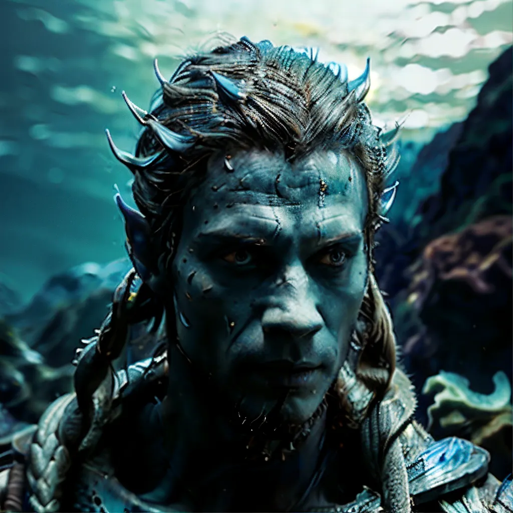 This image shows a close-up of a male Na'vi from the movie Avatar. He has blue skin, dark hair, and yellow eyes. He is wearing a loincloth and has a braid in his hair. He is standing in a dark blue water with a serious expression on his face.