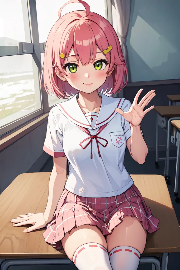 The image shows a young girl with pink hair and green eyes. She is wearing a white shirt, a pink skirt, and a red tie. She is sitting on a chair in a classroom, with her left hand resting on the chair seat and her right hand raised in the air, as if she is greeting someone. She has a friendly smile on her face.