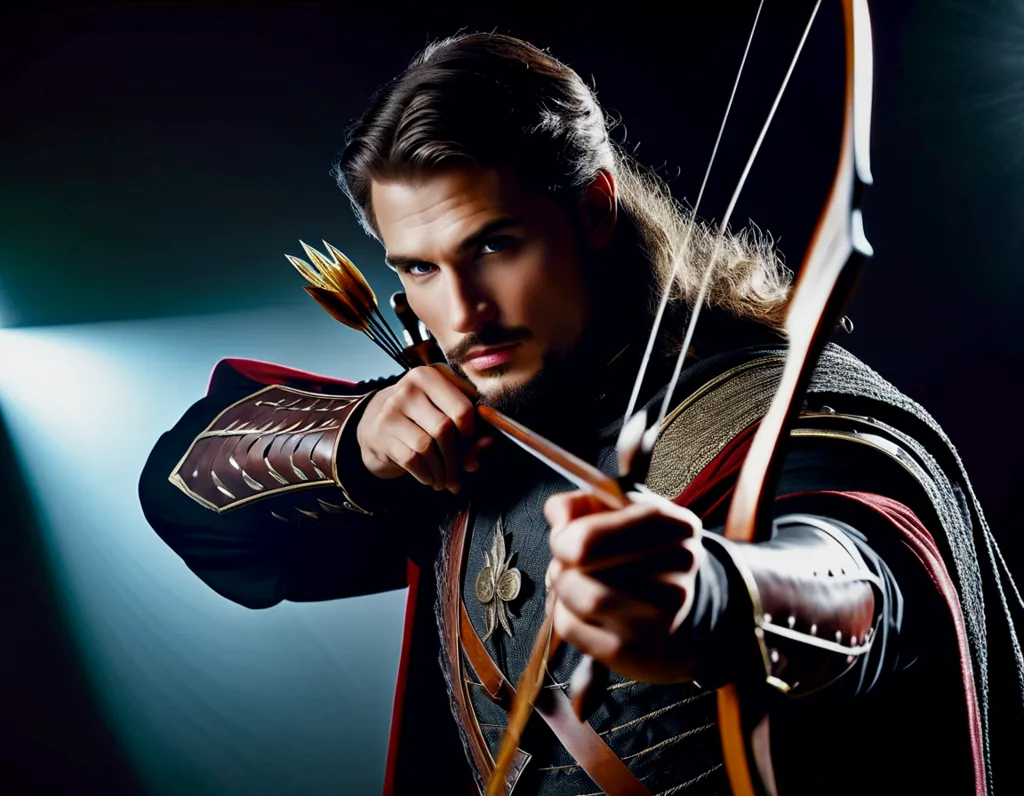 This image shows a man with long brown hair and a beard, dressed in a black and red tunic, with a quiver of arrows on his back and a bow in his hands. He has a determined look on his face as he aims the arrow. He is standing in a dark forest, with a single ray of light shining down on him.