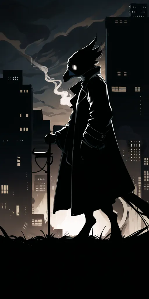 The image is a dark and moody painting of a man standing on a rooftop, looking out over a city. The man is wearing a long black coat and a hat, and his face is obscured by shadows. The city is depicted as a dark and dangerous place, with tall buildings and narrow streets. The only light comes from a few street lamps and the moon. The painting is full of mystery and suspense, and it leaves the viewer wondering what will happen next.