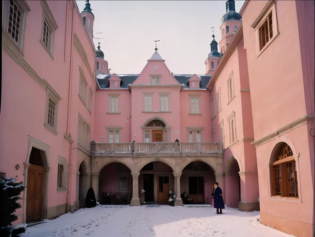 L'image montre un beau château rose avec une cour intérieure au milieu. Le château a trois étages et un toit en ardoise grise. Il y a de nombreuses fenêtres et portes, et les murs sont décorés de pilastres et de corniches. La cour est recouverte de neige et il y a un arbre au milieu. Une personne vêtue d'un manteau bleu marche dans la cour.