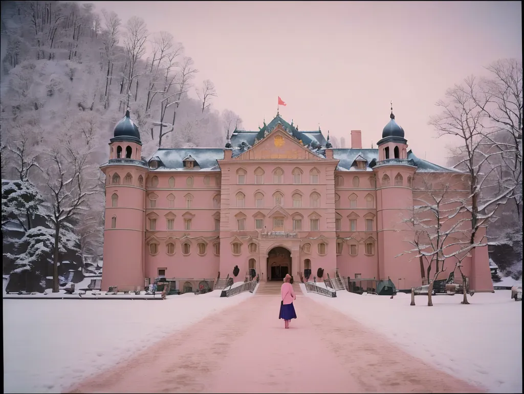 A imagem mostra um grande castelo rosa com torres azuis e brancas. O castelo está cercado por árvores cobertas de neve e um longo caminho rosa leva até a porta da frente. Uma mulher com um casaco rosa e uma saia azul está caminhando pelo caminho em direção ao castelo.