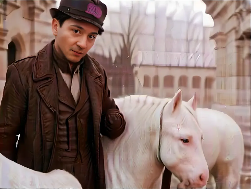 The image shows a man with short dark hair and brown eyes. He is wearing a brown leather jacket, a purple hat, and a white shirt. He has a serious expression on his face. He is standing in a courtyard with a white horse. The horse is standing calmly and looking at the man. The background of the image is blurry, but it looks like there are buildings in the background.