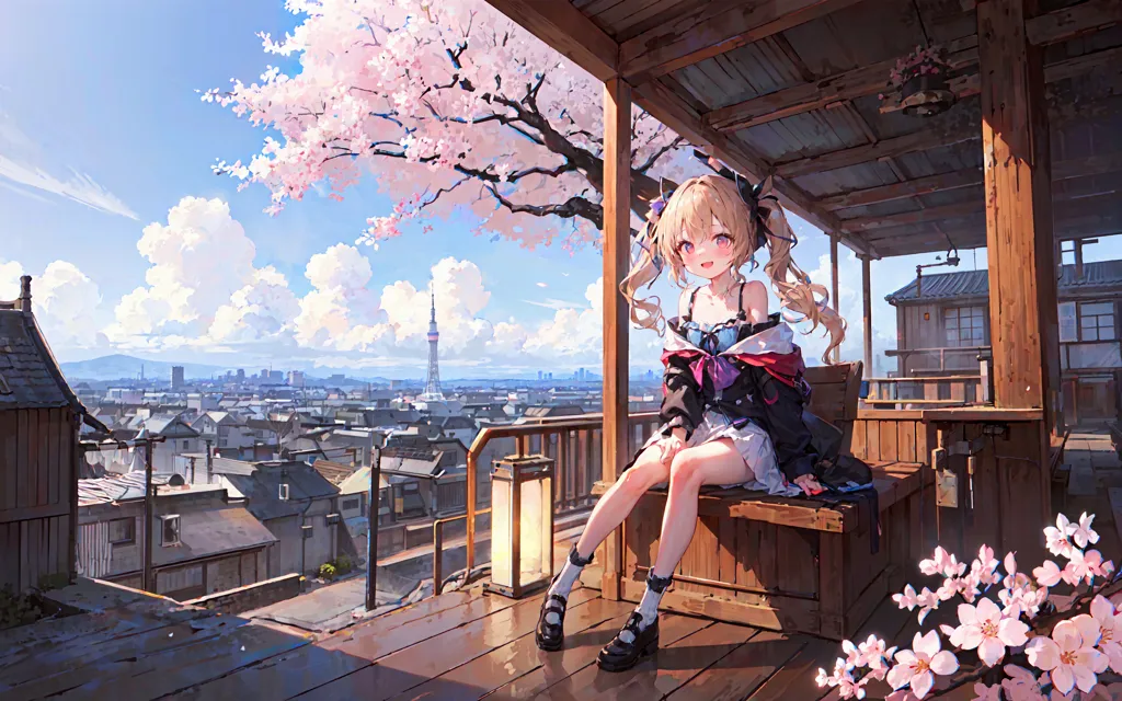 The image is a beautiful anime-style illustration of a girl sitting on a wooden balcony overlooking a city. The girl has long blonde hair, blue eyes, and is wearing a cute pink and black outfit. She is sitting on a bench with her legs crossed and has a gentle smile on her face. The city in the background is large and bustling, with many tall buildings and a large tower in the distance. The sky is a clear blue and there are some fluffy white clouds. The overall atmosphere of the image is peaceful and relaxing.