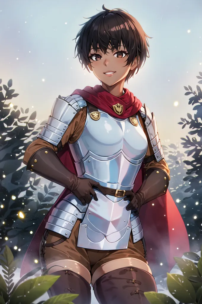 The image is of a young woman with short brown hair and brown eyes. She is wearing a silver breastplate with a red cape and brown shorts. She is also wearing brown gloves and boots. She has a confident smile on her face and is standing with her hands on her hips. There are green leaves and white flowers in the background.