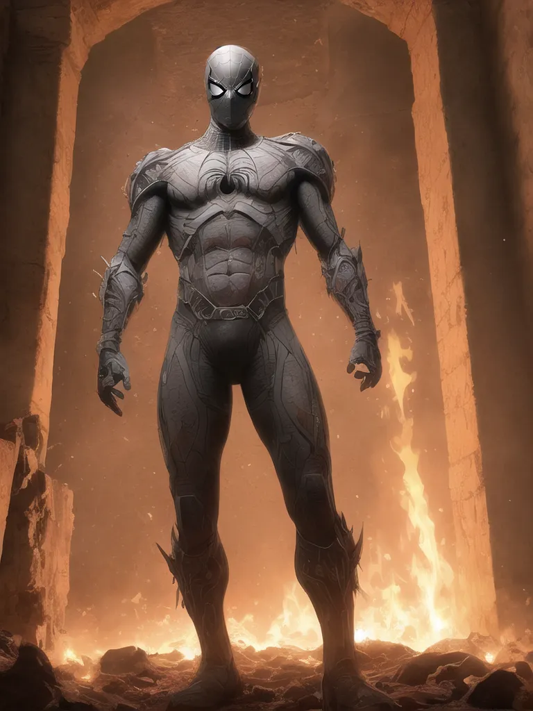 The image shows a superhero standing in a dark place. He is wearing a black and white suit with a spider symbol on his chest. The suit has a lot of detail, including lines and shapes that make it look like it is made of metal. The superhero is also wearing a mask that covers his eyes. He is standing in front of a large door. There is a fire on the other side of the door. The fire is casting a light on the superhero, making him look even more dramatic.